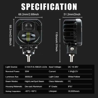 Купить Bi-LED Фара дополнительная Квадратая 65x65x50 мм 10-80V W/W P-66-40W 4 390 (Белый Свет) 80456 Противотуманные фары LED с линзой и свето-теневой границей