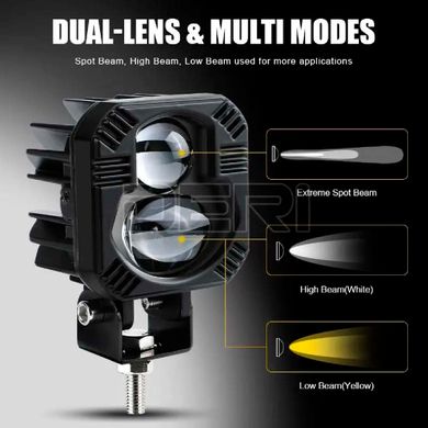Купить Bi-LED Фара дополнительная Квадратая 65x65x50 мм 10-80V W/Y P-66-40W 4 390 (Белый и Желтый Свет) 80459 Противотуманные фары LED с линзой и свето-теневой границей