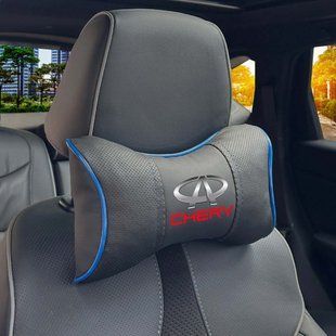 Купити Подушка на підголівник з логотипом Chery Екошкіра 3D Кольоровий лого Чорна-Синій кант 1 шт 91766 Подушки на підголовник - під шию