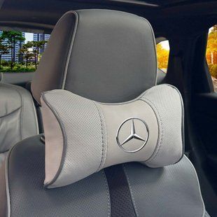 Купить Подушка на подголовник с логотипом Mercedes-Benz Экокожа 3D Цветной лого Серые-Серый кант 1 шт 91568 Подушки на подголовник - под шею