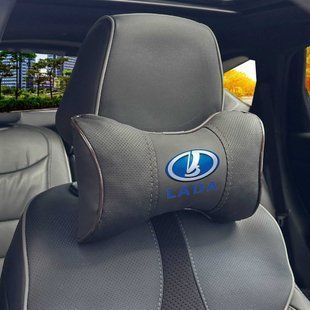 Купить Подушка на подголовник с логотипом Lada Экокожа 3D Цветной лого Черная-Коричневый кант 1 шт 91685 Подушки на подголовник - под шею