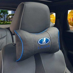 Купить Подушка на подголовник с логотипом Lada Экокожа 3D Цветной лого Черная-Синий кант 1 шт 91686 Подушки на подголовник - под шею