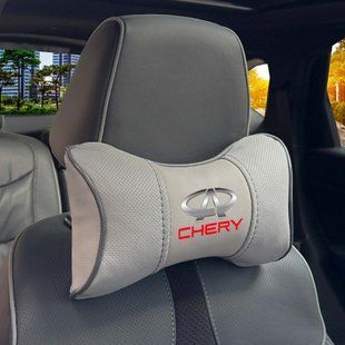 Купити Подушка на підголівник з логотипом Chery Екошкіра 3D Кольоровий лого Сірі-Сірий кант 1 шт 91763 Подушки на підголовник - під шию