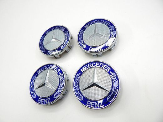 Купити Емблеми коліс Mercedes (Хром + Сині) 75 мм (4 шт) 90063 Ковпачки на титани